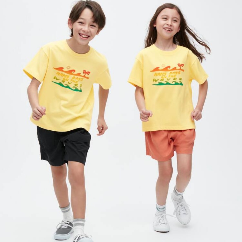 Uniqlo Airism Cotton Graphic Short Sleeved Kids\' T Shirts Yellow | ZKPSVX765