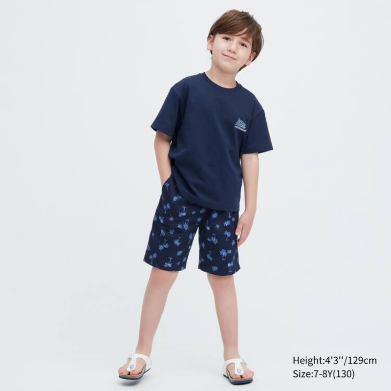 Uniqlo Airism Cotton Graphic Short Sleeved Kids' T Shirts Navy | EPIYRS308