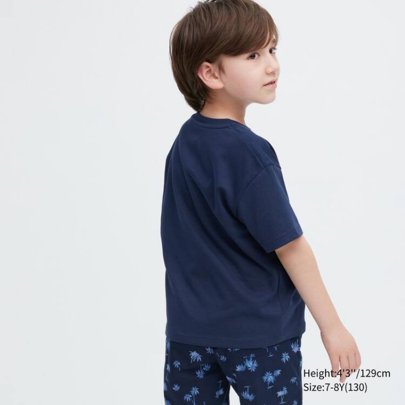 Uniqlo Airism Cotton Graphic Short Sleeved Kids' T Shirts Navy | EPIYRS308