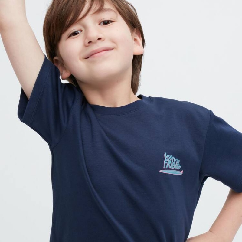 Uniqlo Airism Cotton Graphic Short Sleeved Kids' T Shirts Navy | EPIYRS308