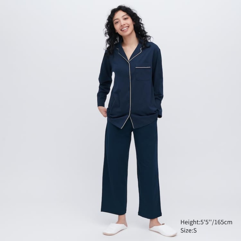 Uniqlo Airism Cotton Long Sleeved Women\'s Loungewear Navy | DOFYES194