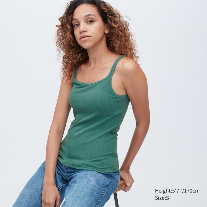 Uniqlo Airism Cotton Ribbed Sleeveless Women\'s Bras Green | QCPXNM631