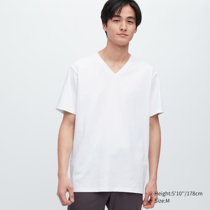 Uniqlo Airism Cotton V Neck Short Sleeved Men\'s T Shirts White | EUXDYT597