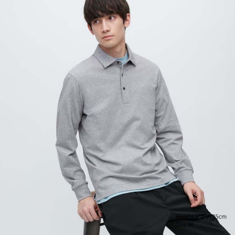 Uniqlo Airism Long Sleeve Men\'s Polo Shirts Grey | WXBCSI957