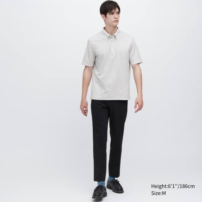 Uniqlo Airism Striped (Button-down Collar) Men's T Shirts Grey | UKLJQS542