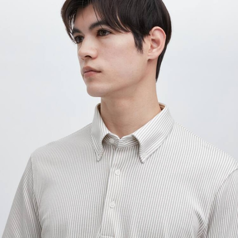 Uniqlo Airism Striped (Button-down Collar) Men's T Shirts Grey | UKLJQS542