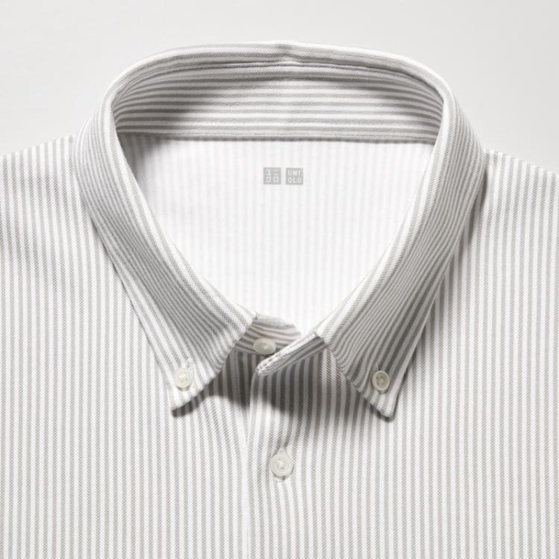 Uniqlo Airism Striped (Button-down Collar) Men's T Shirts Grey | UKLJQS542