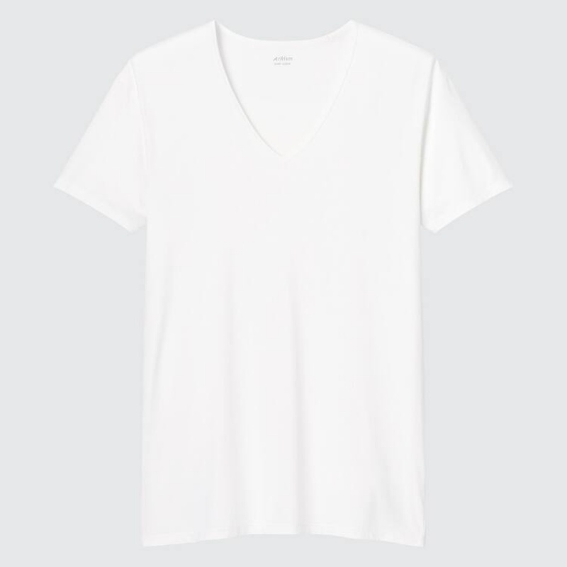 Uniqlo Airism V Neck Short Sleeved Men's T Shirts White | FPEWGV436