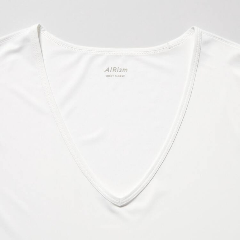 Uniqlo Airism V Neck Short Sleeved Men's T Shirts White | FPEWGV436