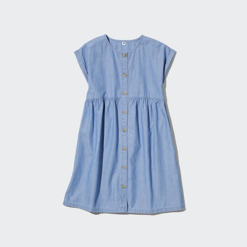 Uniqlo Chambray Gathered Short Sleeved Kids' Dress Blue | TZJWUD819