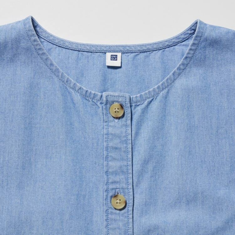 Uniqlo Chambray Gathered Short Sleeved Kids' Dress Blue | TZJWUD819