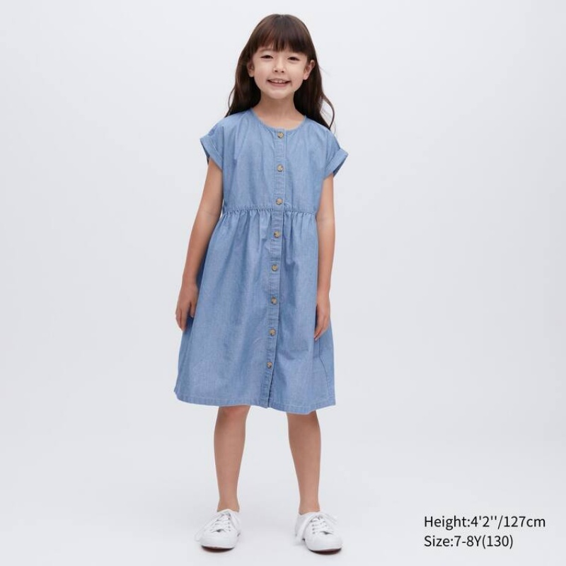 Uniqlo Chambray Gathered Short Sleeved Kids' Dress Blue | TZJWUD819