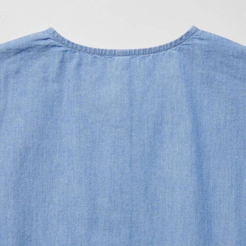 Uniqlo Chambray Gathered Short Sleeved Kids' Dress Blue | TZJWUD819