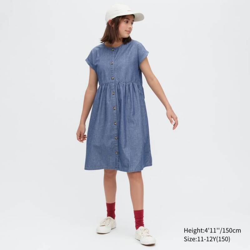 Uniqlo Chambray Gathered Short Sleeved Kids\' Dress Blue | TZJWUD819