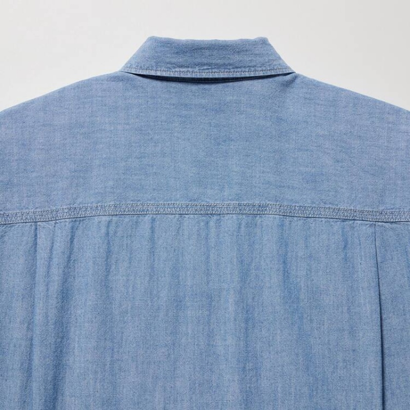 Uniqlo Chambray Oversized Long Sleeved Women's Shirts Blue | QHJRFC916