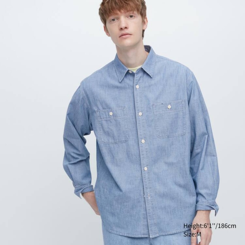 Uniqlo Chambray Regular Fit Work (Regular Collar) Men\'s Shirts Blue | OEBASP219