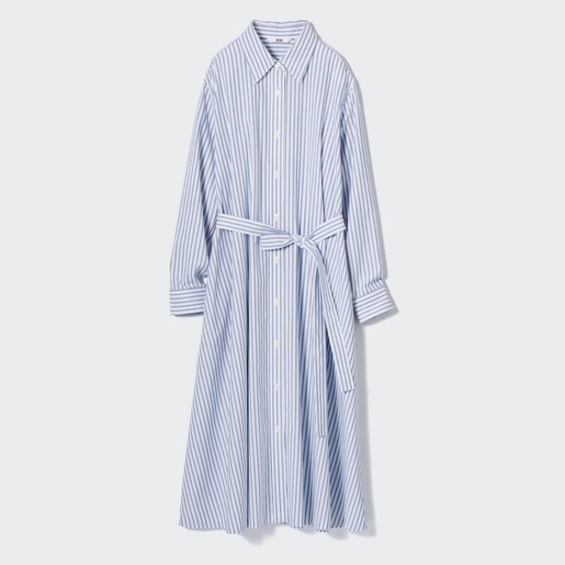 Uniqlo Cotton A-line Striped Long Sleeved Women's Dress White | DUMOPG095