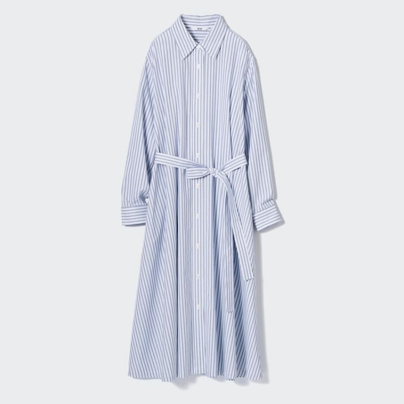 Uniqlo Cotton A-line Striped Long Sleeved Women\'s Dress White | DUMOPG095