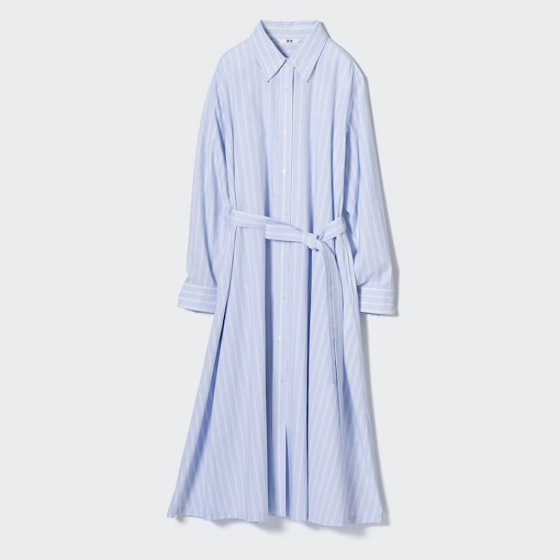 Uniqlo Cotton A-line Striped Long Sleeved Women\'s Dress Blue | ZSVKBT378