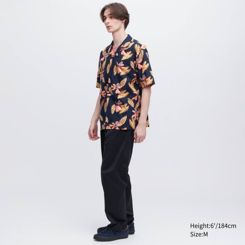 Uniqlo Cotton Blend Casual Printed Short Sleeved (Open Collar) Men's Shirts Navy | EBGKUH074