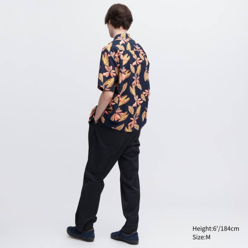 Uniqlo Cotton Blend Casual Printed Short Sleeved (Open Collar) Men's Shirts Navy | EBGKUH074