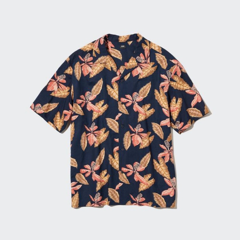 Uniqlo Cotton Blend Casual Printed Short Sleeved (Open Collar) Men's Shirts Navy | EBGKUH074