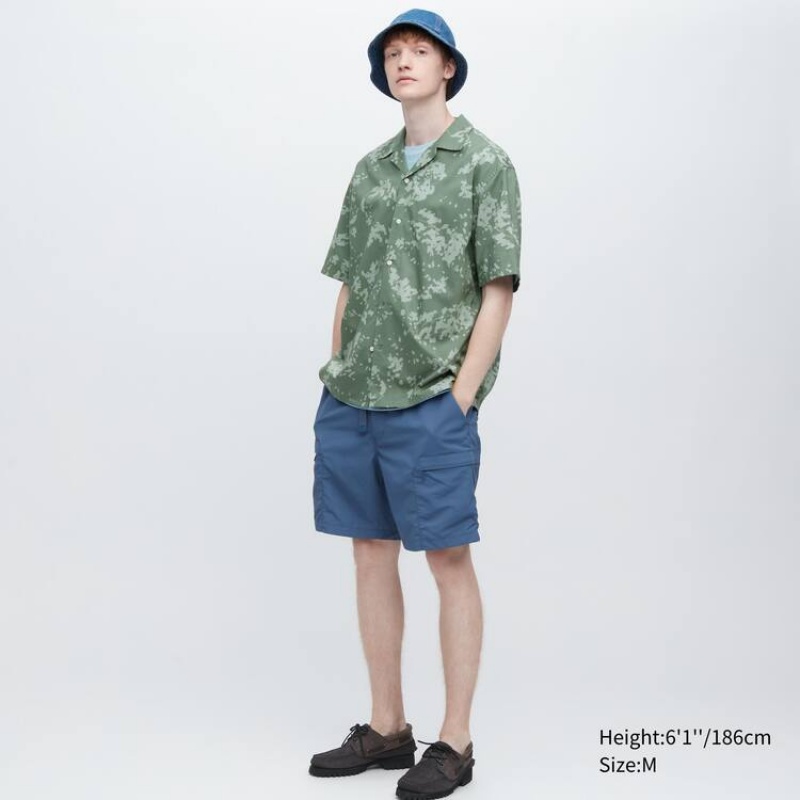 Uniqlo Cotton Blend Casual Printed Short Sleeved (Open Collar) Men's Shirts Green | RDBJOW450