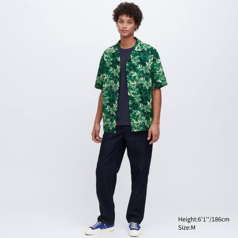 Uniqlo Cotton Blend Casual Printed Short Sleeved (Open Collar) Men's Shirts Green | ODKFMT708