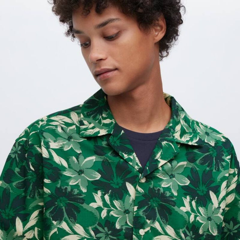 Uniqlo Cotton Blend Casual Printed Short Sleeved (Open Collar) Men's Shirts Green | ODKFMT708