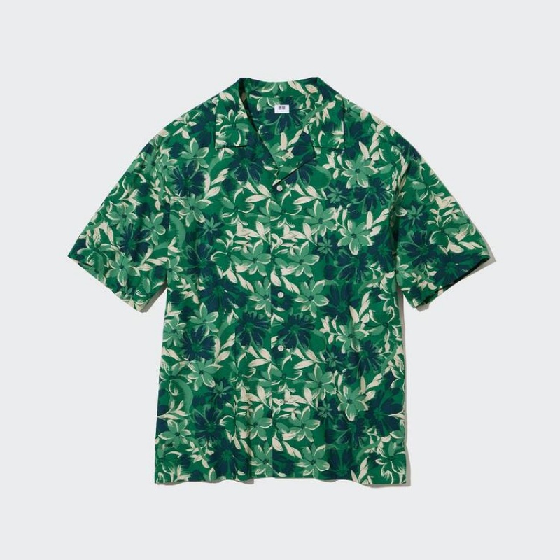 Uniqlo Cotton Blend Casual Printed Short Sleeved (Open Collar) Men's Shirts Green | ODKFMT708