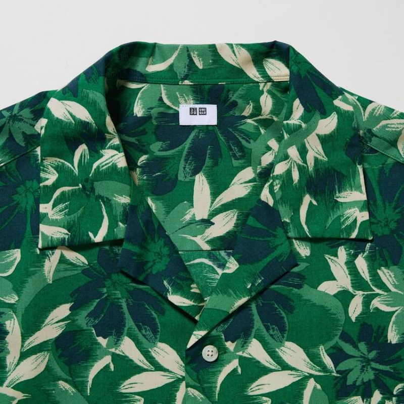 Uniqlo Cotton Blend Casual Printed Short Sleeved (Open Collar) Men's Shirts Green | ODKFMT708