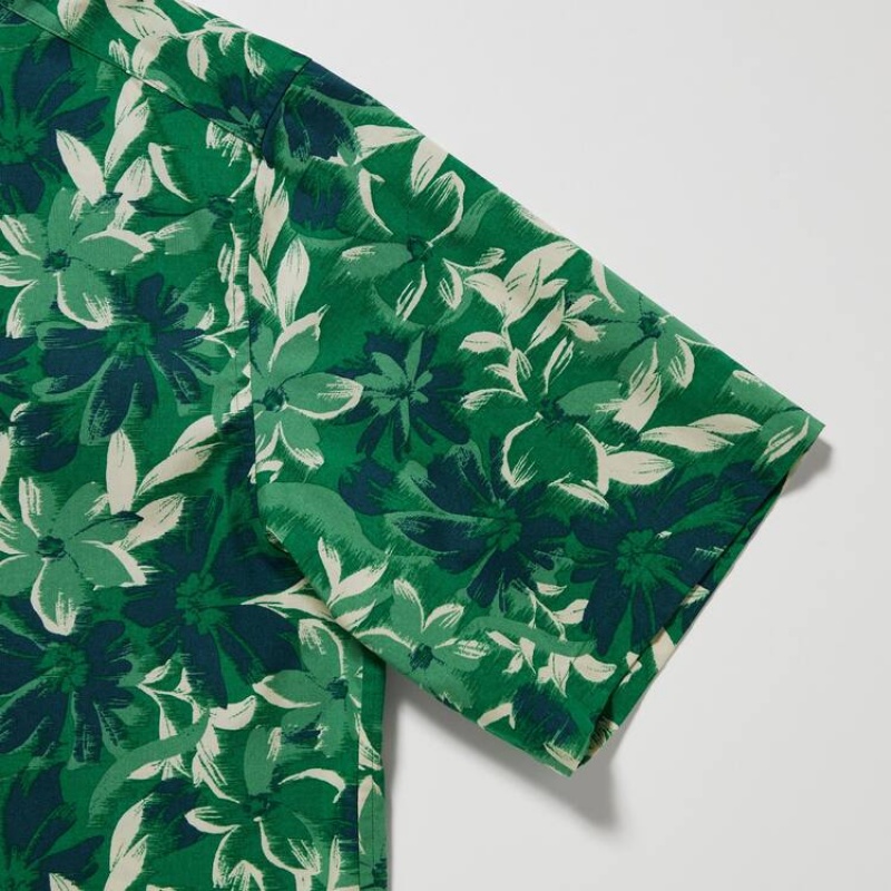 Uniqlo Cotton Blend Casual Printed Short Sleeved (Open Collar) Men's Shirts Green | ODKFMT708