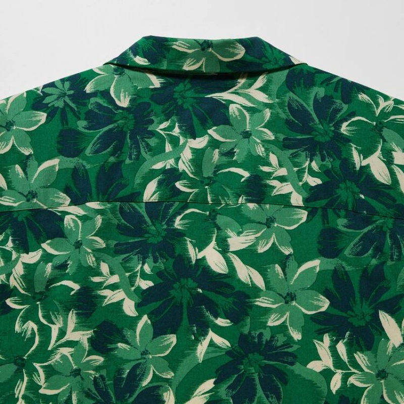 Uniqlo Cotton Blend Casual Printed Short Sleeved (Open Collar) Men's Shirts Green | ODKFMT708