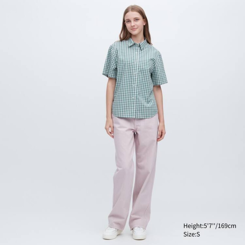 Uniqlo Cotton Checked Short Sleeved Women's Shirts Green | YXLEVA418