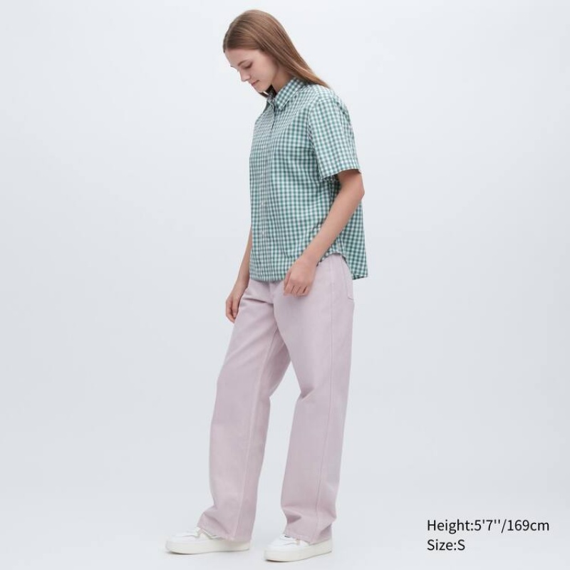 Uniqlo Cotton Checked Short Sleeved Women's Shirts Green | YXLEVA418