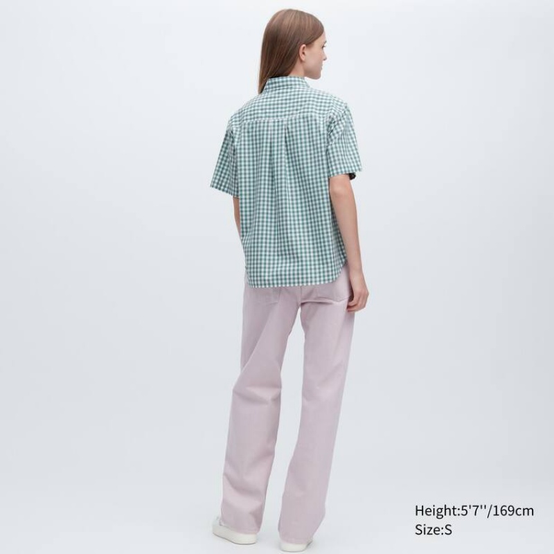 Uniqlo Cotton Checked Short Sleeved Women's Shirts Green | YXLEVA418