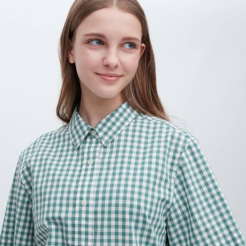 Uniqlo Cotton Checked Short Sleeved Women's Shirts Green | YXLEVA418