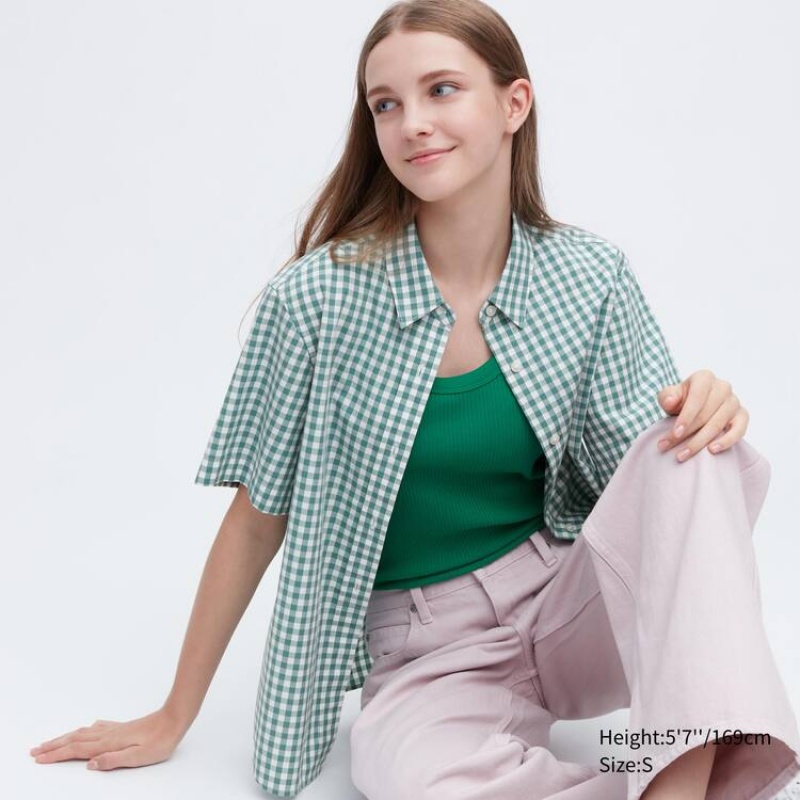 Uniqlo Cotton Checked Short Sleeved Women\'s Shirts Green | YXLEVA418