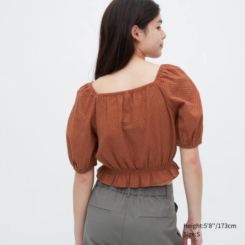 Uniqlo Cotton Embroidered Square Neck Short Sleeved Women's Blouse Brown | JOYVDA072