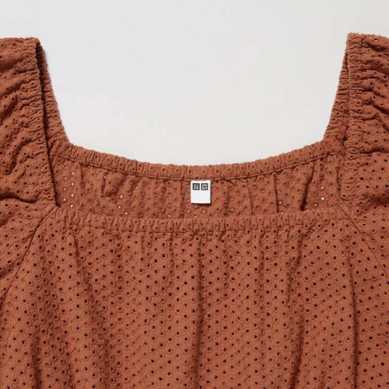 Uniqlo Cotton Embroidered Square Neck Short Sleeved Women's Blouse Brown | JOYVDA072