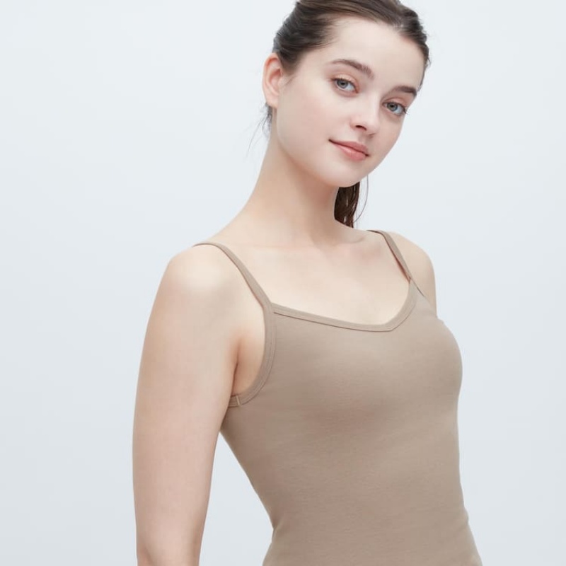 Uniqlo Cotton Lace Camisole Women's Loungewear Khaki | FSZOTV748