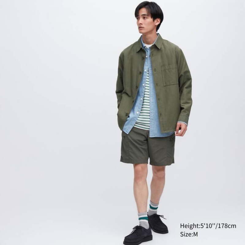 Uniqlo Cotton Linen Blend Overshirt Men's Jackets Olive | QLXTHS053