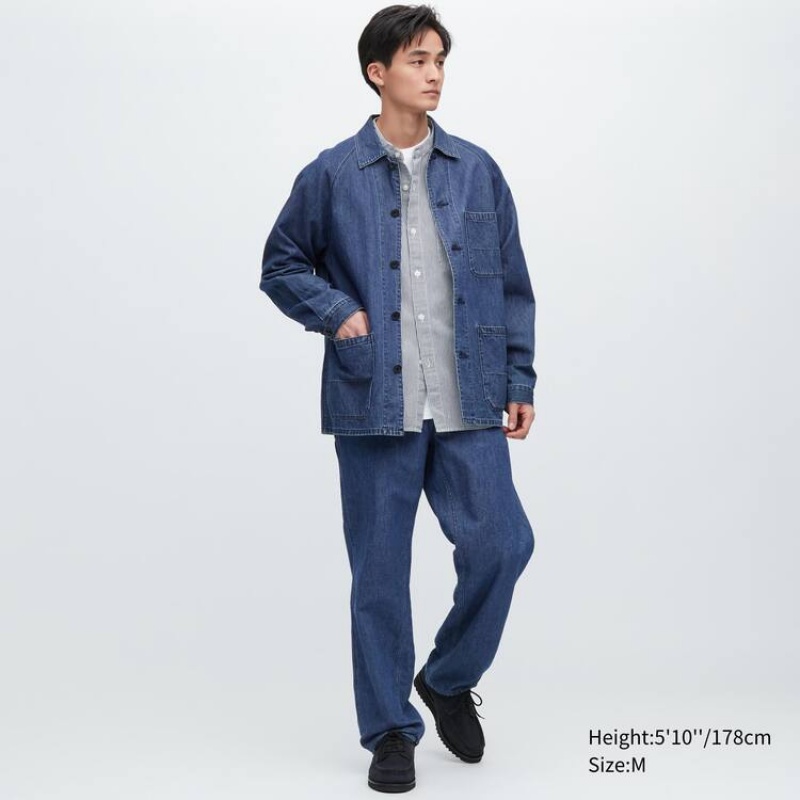 Uniqlo Cotton Linen Blend Utility Men's Jackets Blue | TVIDOS521