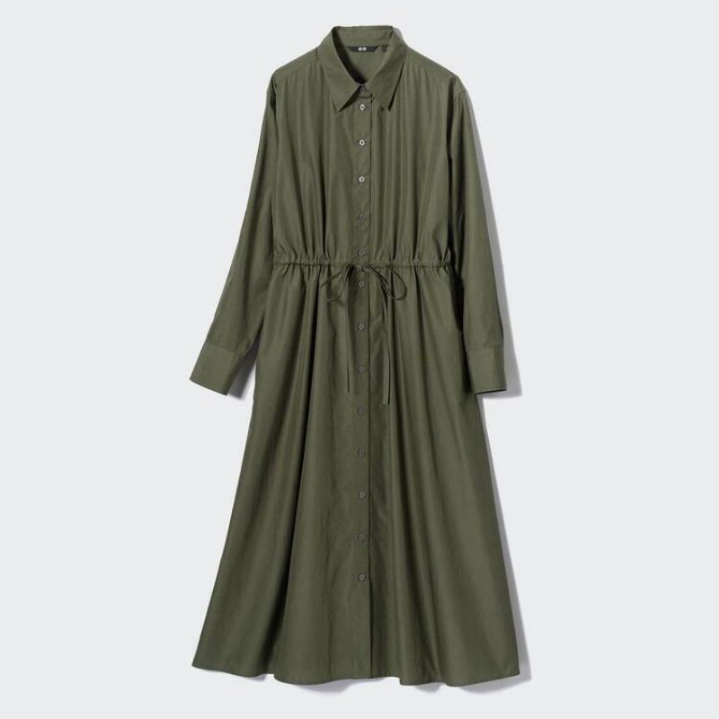 Uniqlo Cotton Long Sleeved Women\'s Dress Green | GQBKDC548