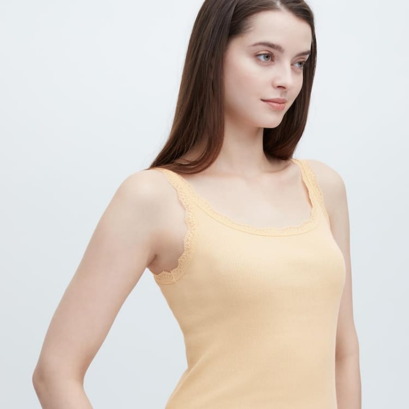 Uniqlo Cotton Ribbed Lace Sleeveless Women's Vest Yellow | TJZXAO479