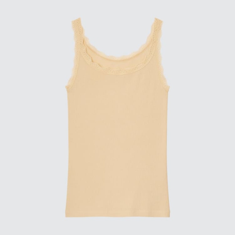 Uniqlo Cotton Ribbed Lace Sleeveless Women's Vest Yellow | TJZXAO479