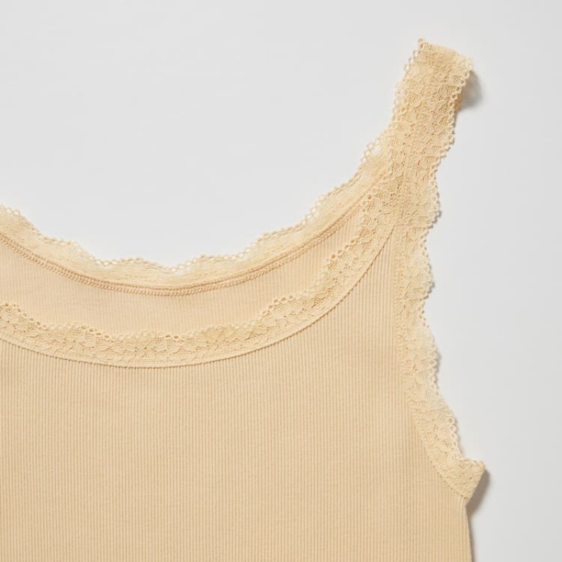 Uniqlo Cotton Ribbed Lace Sleeveless Women's Vest Yellow | TJZXAO479