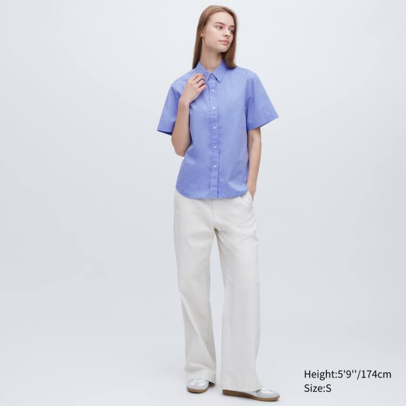 Uniqlo Cotton Short Sleeved Women's Shirts Blue | PKRUXN359