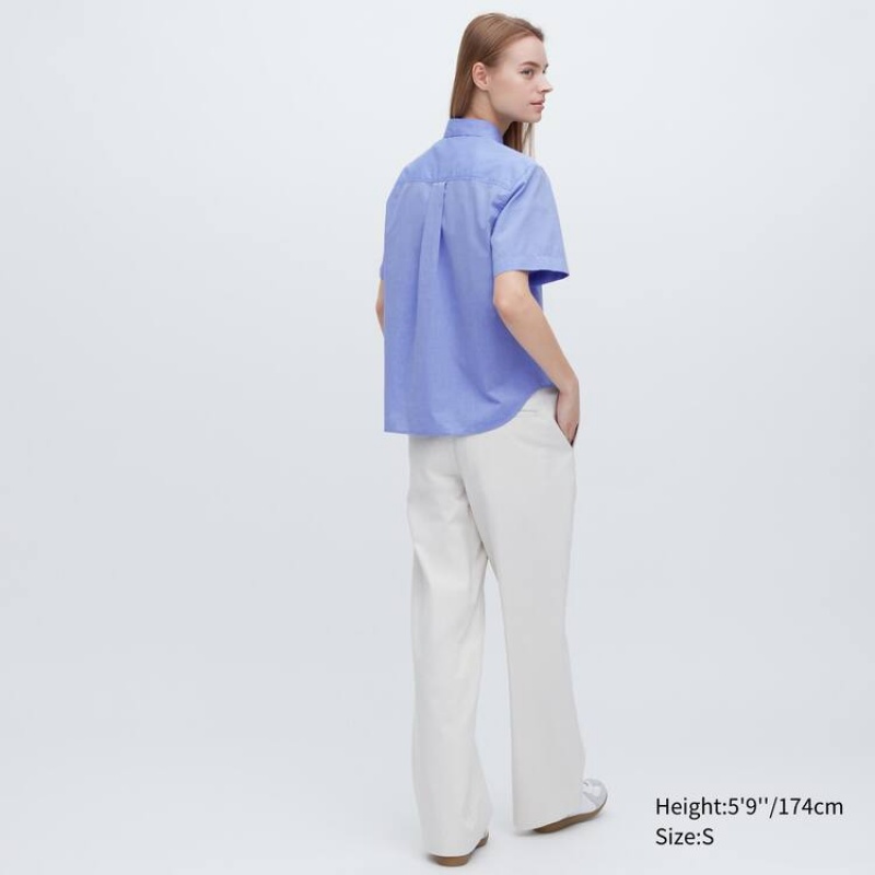 Uniqlo Cotton Short Sleeved Women's Shirts Blue | PKRUXN359