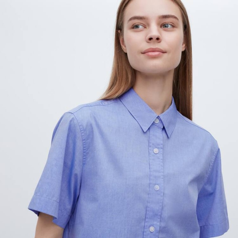 Uniqlo Cotton Short Sleeved Women's Shirts Blue | PKRUXN359